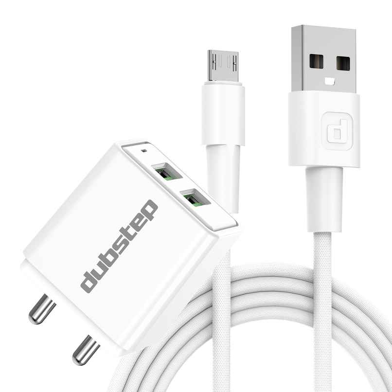 Dubstep Sprint 16W 3.1A Dual USB Port Superfast Charger Adapter (with Cable USB A To Micro USB) - White