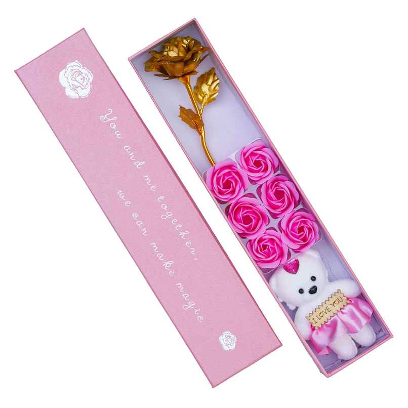 eCraftIndia Golden Rose Pink Rose Flowers Teddy Bear Gift Box | Valentine Gift