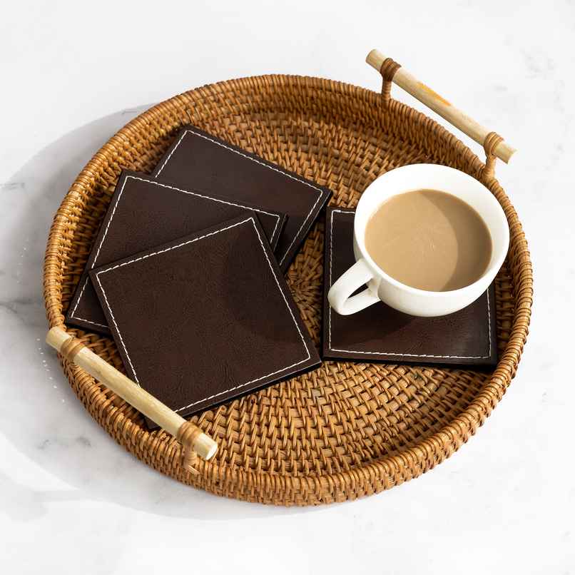 Birch & Co. Leather Coaster | Brown Coaster Set of 6 with Holder