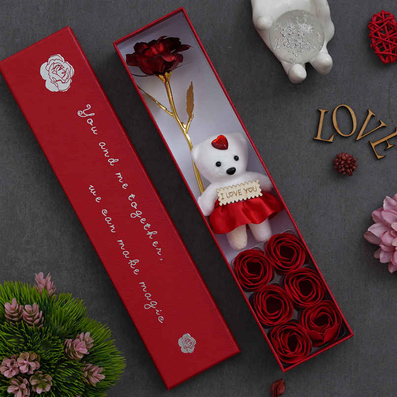 eCraftIndia Red Valentine's Day Gift Box with Teddy, Rose Showpiece, and 6 Flowers
