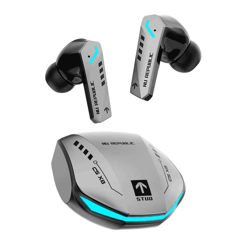 Nu Republic Cyberstud X8 TWS Earbuds, Up to 56Hrs Playtime, 40ms Ultra Low Latency, ENC Mics, 13mm Neodymium Drivers, XBass Technology, Dual Mode for Gaming & Music, Bluetooth 5.3 - Silver