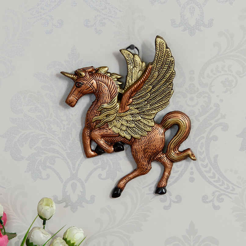 eCraftIndia Golden and Brown Metal Flying Horse Animal Wall Hanging Decorative Showpiece