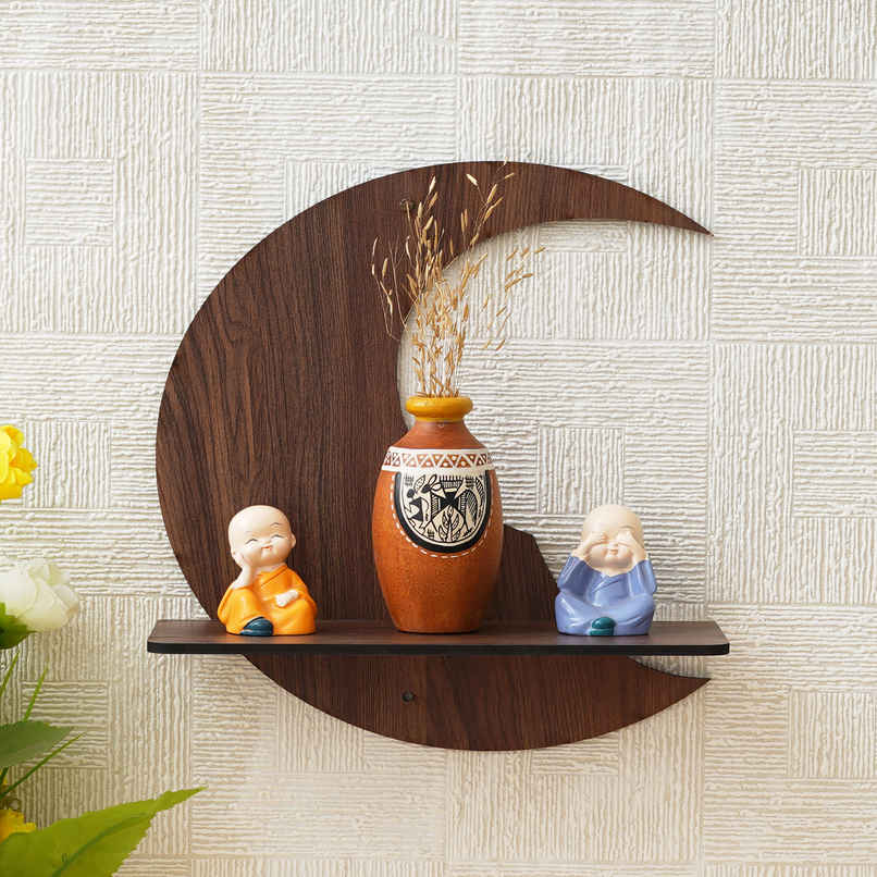 eCraftIndia Brown Moon Shape Designer Wooden Wall Shelf