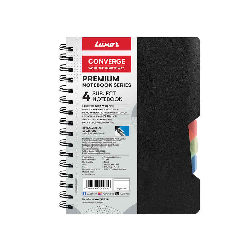 Luxor 4 Subject A6 Size Notebook Single Ruled | Pages - 240 Spiral | For School, Home & Office
