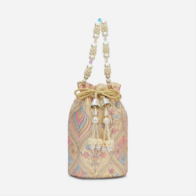 Lavie Women's Sara Structured Potli Bags For Ladies & Girls | Pouche Festive Seasons & Wedding | Medium | Beige