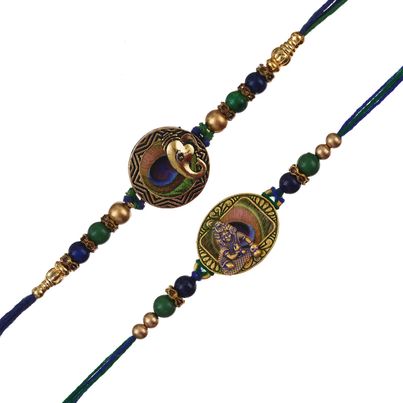Religious Lord Ganesha and Krishna Peacock Feather Religious Rakhis for Brothers & Roli Chawal Pack (eCraftIndia) Set of 2 Religious Lord Ganesha and Krishna Peacock Feather Religious Rakhis for Brothers & Roli Chawal Pack (eCraftIndia) Set of 2