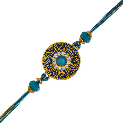 Stone Golden Blue Beads Diamond Designer Raksha Bandhan Rakhi for Bhaiya, Bhabhi, Bhai, and Kids | Roli Chawal Pack (eCraftIndia) Stone Golden Blue Beads Diamond Designer Raksha Bandhan Rakhi for Bhaiya, Bhabhi, Bhai, and Kids | Roli Chawal Pack (eCraftIndia)