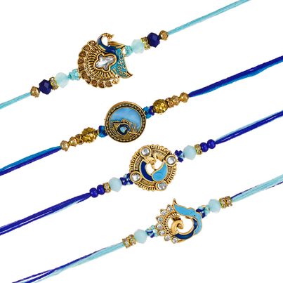 Peacock Designer Rakhis with Roli Chawal Pack for Brother, Bhaiya, Bhai, Bhabhi, and Kids (eCraftIndia) Set of 4