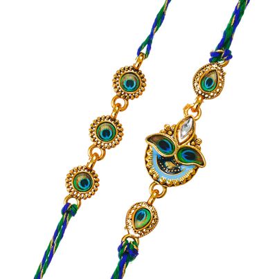 Peacock Beautiful Feather Designer Rakhis with Roli Chawal Pack | For Brother, Bhaiya, Bhai, Bhabhi, and Kids (eCraftIndia) Set of 2 Peacock Beautiful Feather Designer Rakhis with Roli Chawal Pack | For Brother, Bhaiya, Bhai, Bhabhi, and Kids (eCraftIndia) Set of 2