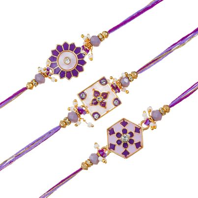 Floral Purple Designer Rakhi for Bhaiya, Bhai, Bhabhi and Kids with Roli Chawal Pack (eCraftIndia) Set of 3 Floral Purple Designer Rakhi for Bhaiya, Bhai, Bhabhi and Kids with Roli Chawal Pack (eCraftIndia) Set of 3