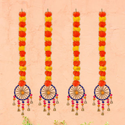 eCraftIndia Artificial Marigold Flowers Hangings with Bangles Ringing Bells | Pack of 4