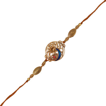 Peacock Golden Designer Rakhi & Roli Chawal Pack (eCraftIndia)