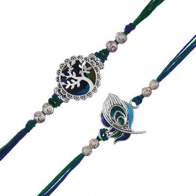 Religious Peacock Feather and Floral Designer Rakhis for Brothers & Roli Chawal Pack (eCraftIndia) Set of 2 Religious Peacock Feather and Floral Designer Rakhis for Brothers & Roli Chawal Pack (eCraftIndia) Set of 2