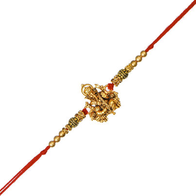 Religious Golden Designer Ganesha Rakhi for Brother with Red Thread, & Roli Chawal Pack (eCraftIndia) Religious Golden Designer Ganesha Rakhi for Brother with Red Thread, & Roli Chawal Pack (eCraftIndia)