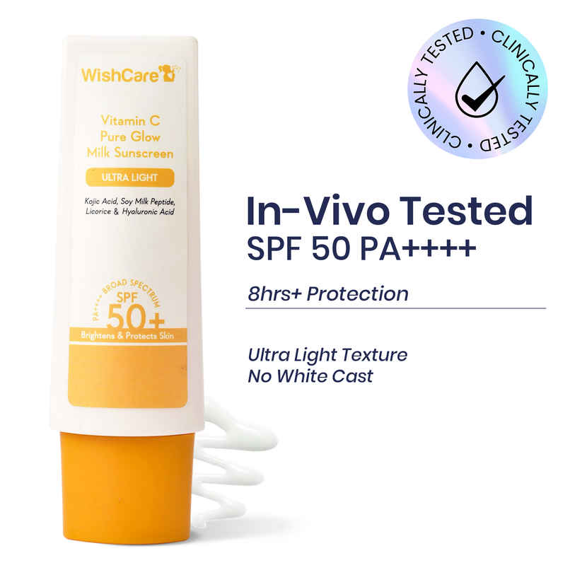 WishCare VitaminC Pure Glow Milk Sunscreen SPF 50 PA++++ In-Vivo Tested|Lightweight & No White Cast WishCare VitaminC Pure Glow Milk Sunscreen SPF 50 PA++++ In-Vivo Tested|Lightweight & No White Cast