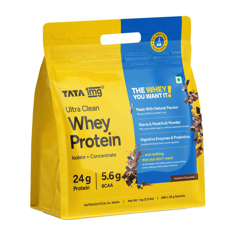 Tata 1mg Ultra Clean Whey Protein | 24g Protein - 5.6g BCAA | Hazelnut Chocolate