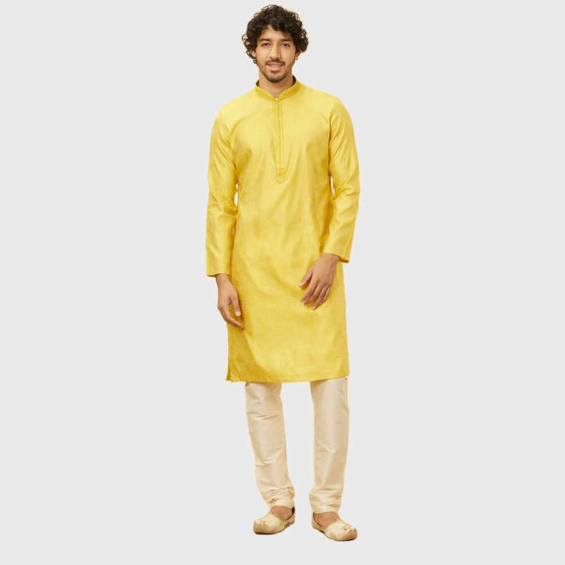 Manyavar Yellow Blended Viscose Self Design Kurta Set | XL
