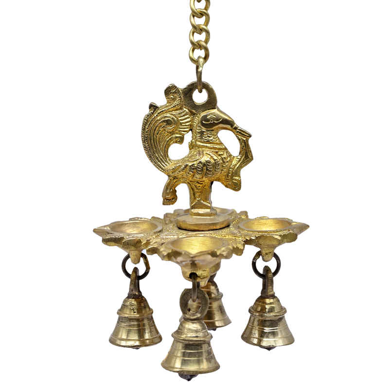 Brass Hanging Diya - Peacock 4 Diya with Bells | AROU NEST Brass Hanging Diya - Peacock 4 Diya with Bells | AROU NEST