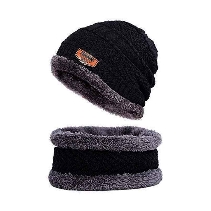 Infispace Winter Woolen Unisex Fur Fleece Lined Beanie Knitted Cap with Neck Warmer | Black