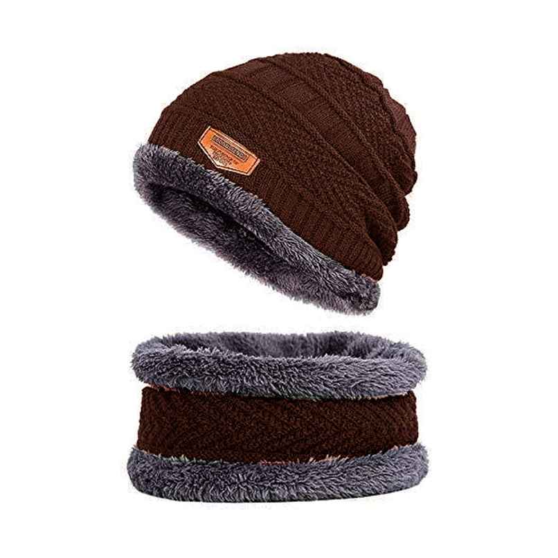 Infispace Unisex Fur Fleece Lined Beanie Knitted Cap with Neck Warmer | Brown