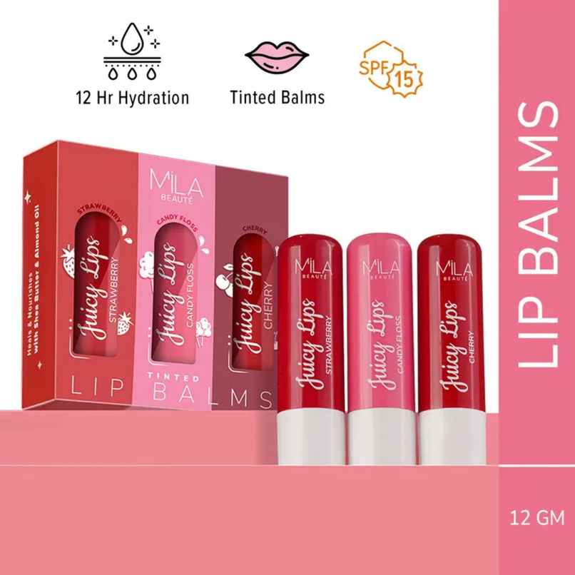 Mila Beaute Tinted Juicy Lip Balms (Pack of 3) | Moisture Lock & SPF 15 - Strawberry | Cherry