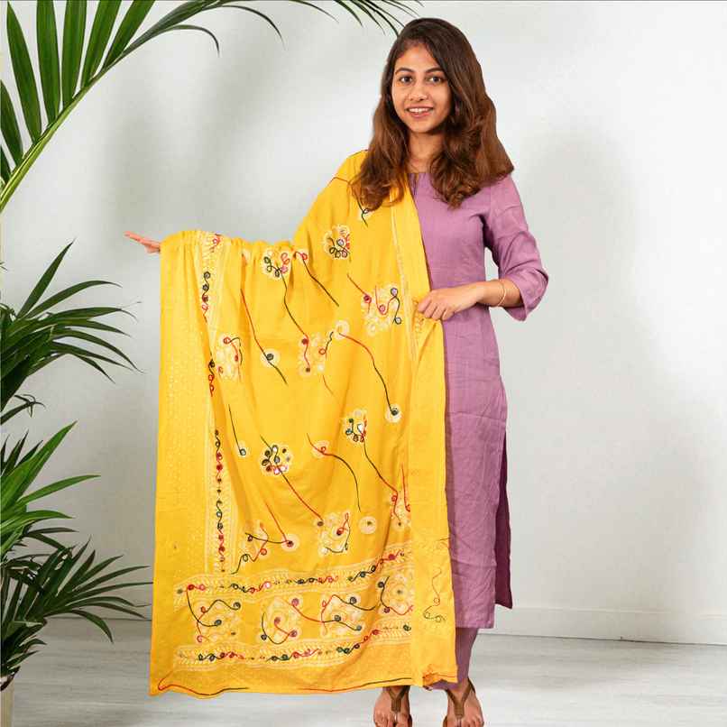 Embroidered Yellow Dupatta | Traditional Thread Work | Happy Mail