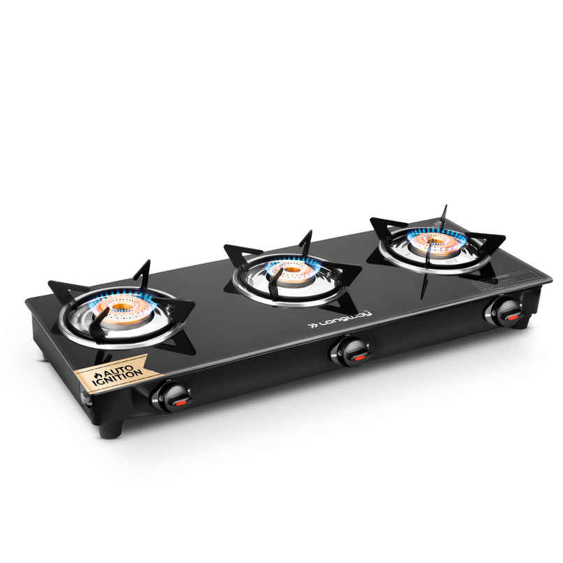 Longway 3 Burner Furn Glass Top | Auto Ignition Glass Gas Stove | ISI Certified | Black
