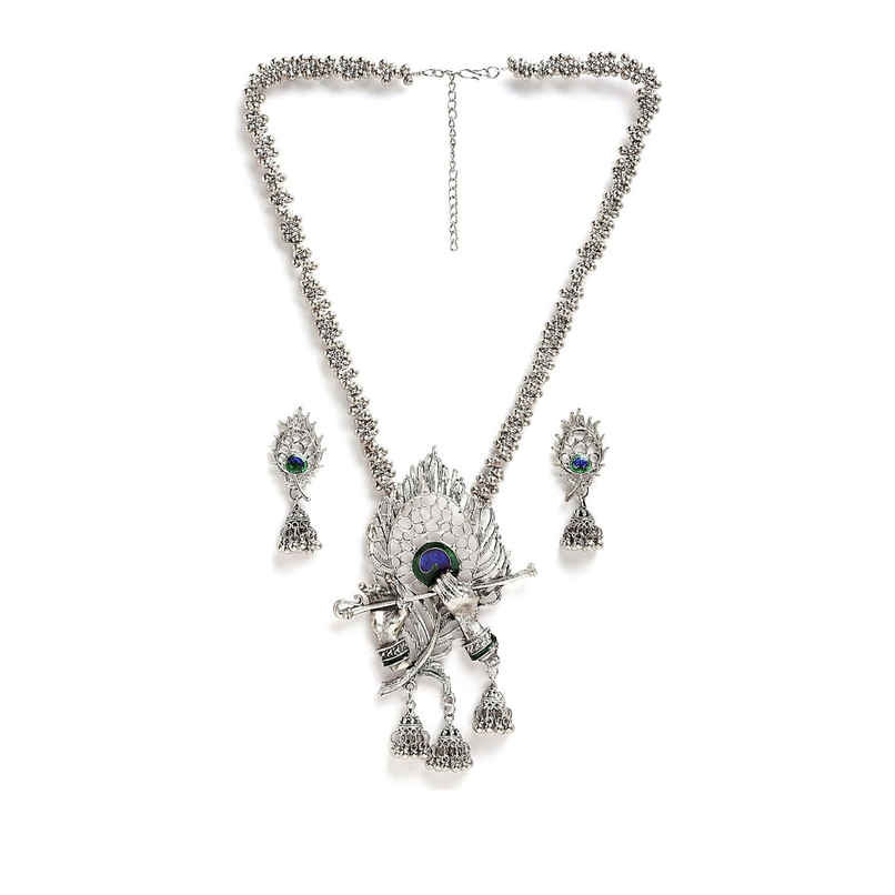 Shining Diva Fashion Stylish Traditional Oxidised Silver Necklace Set for Women and Gilrs | 13165s