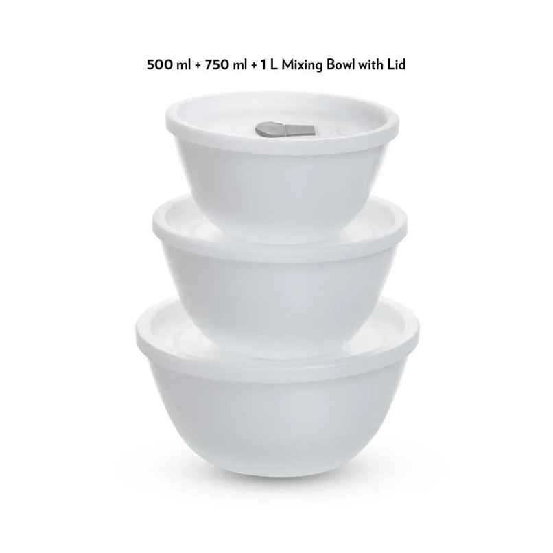 Larah By Borosil Opalware Mixing Bowl 6 Pcs Set With Lid (500Ml X 1 + 750Ml X 1 + 1000Ml X 1), White