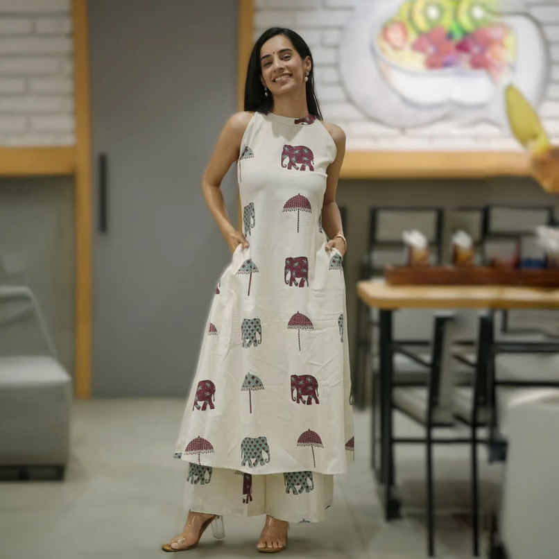 GoSriKi Women's Viscose Rayon Anarkali Printed Kurta with Palazzo | SURAI | White - M