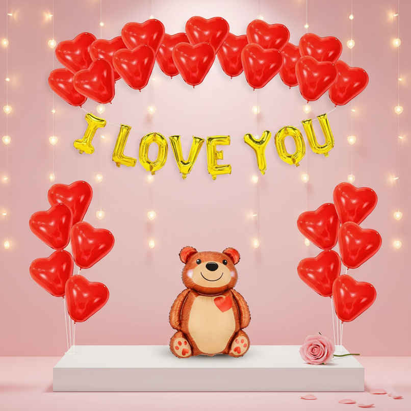Red Heart Balloons with Teddy Foil for Valentine Decoration | Party Propz
