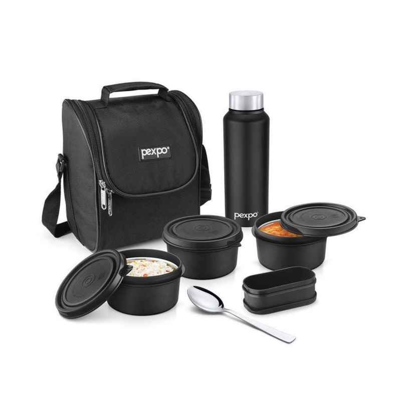 Pexpo Steel Meal Box Ultra With 750 ml Chromo Water Bottle 1 Pickle Box & 1 Spoon 4 Containers. Pexpo Steel Meal Box Ultra With 750 ml Chromo Water Bottle 1 Pickle Box & 1 Spoon 4 Containers.
