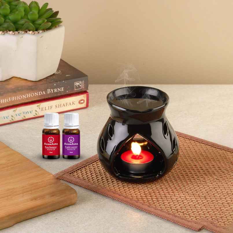 Asian Aura Candle Diffuser Oil Burner with Lavender & Rosy Romance Oils | 10 ml Each + Tea Light