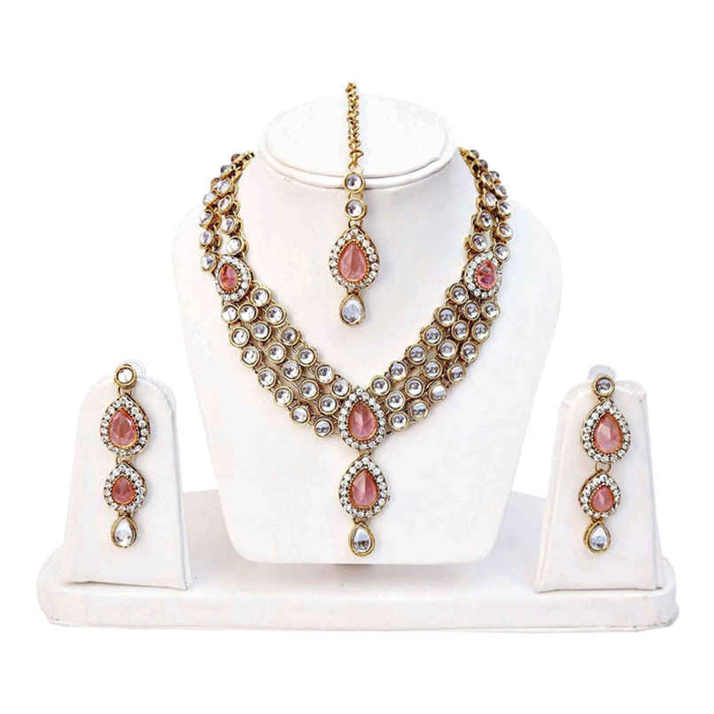 Shining Diva Fashion Gold Plated Pink Kundan Traditional Necklace Set for Women & Girls | 8647s