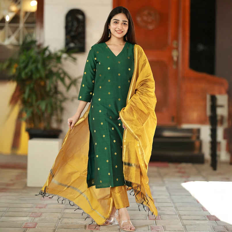 GoSriKi Women's Rayon Blend Straight Polka-Dot Kurta with Pant & Dupatta | SDF | Green - M GoSriKi Women's Rayon Blend Straight Polka-Dot Kurta with Pant & Dupatta | SDF | Green - M