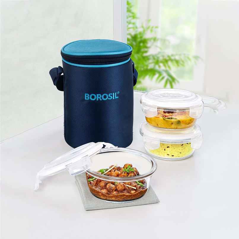 Borosil Alfa Lunchbox | 3 Pcs Glass Set | 400 ml x 3 Round Borosil Alfa Lunchbox | 3 Pcs Glass Set | 400 ml x 3 Round