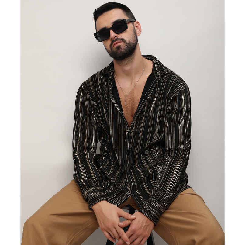 Campus Sutra Men's Pleat - Creased Shirt | Jet Black & Metallic Gold - M