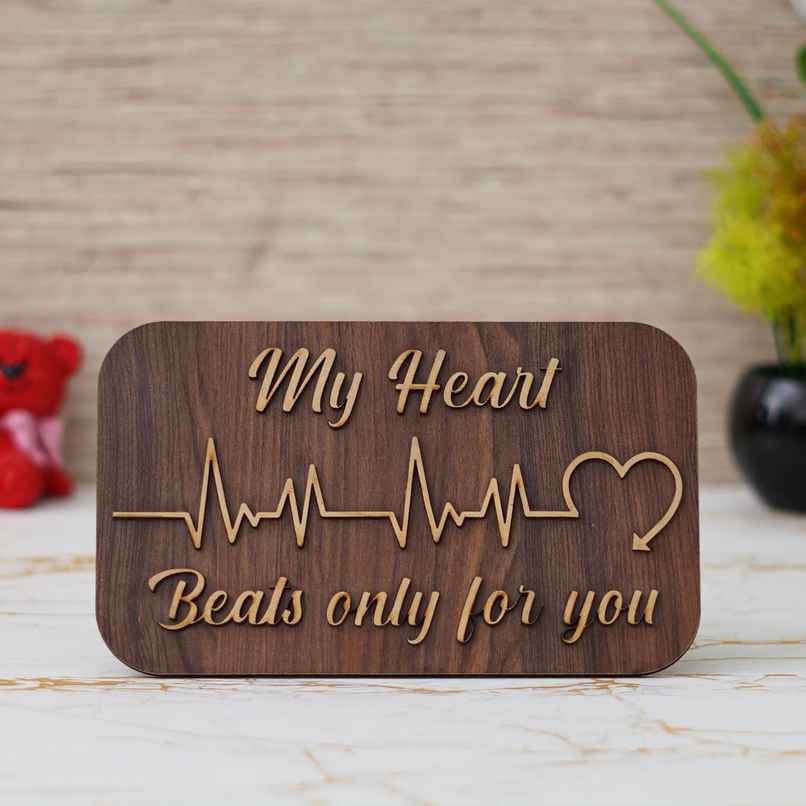 eCraftIndia Brown "My Heart Beats Only For You" Wooden Valentine's Day Showpc with Stand