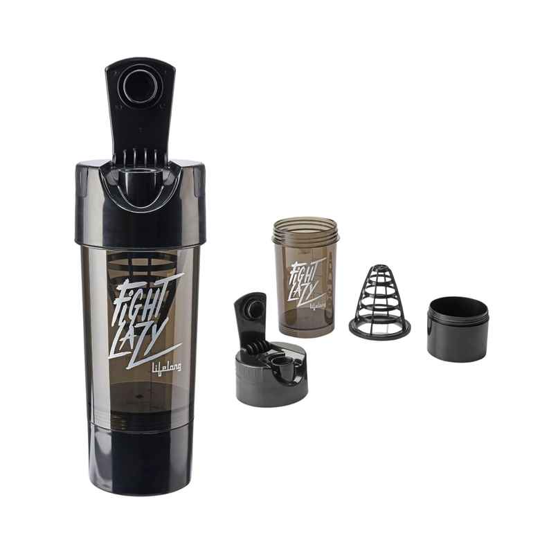 Lifelong Protein Shaker With Extra Compartment Bpa Free Sipper Bottle|500Ml | Llshb02 Black Plastic