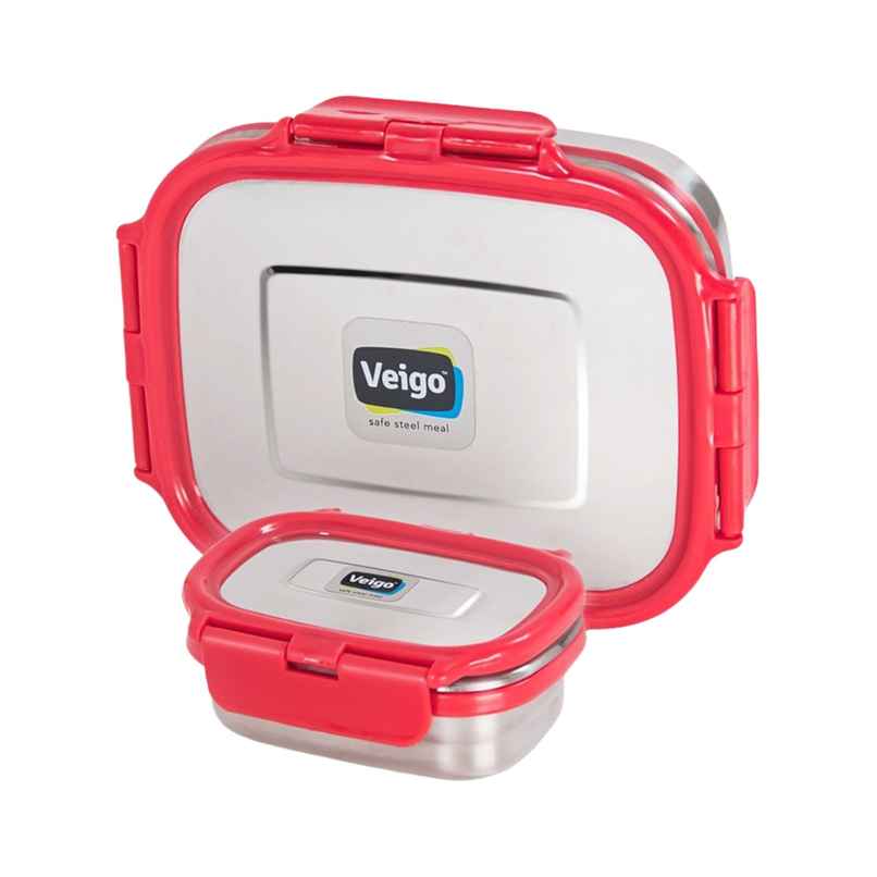 Veigo Large W/Veg Box Stainless Steel Leak Proof Tiffin Box (630+180 ml) For School,Office - Red Veigo Large W/Veg Box Stainless Steel Leak Proof Tiffin Box (630+180 ml) For School,Office - Red