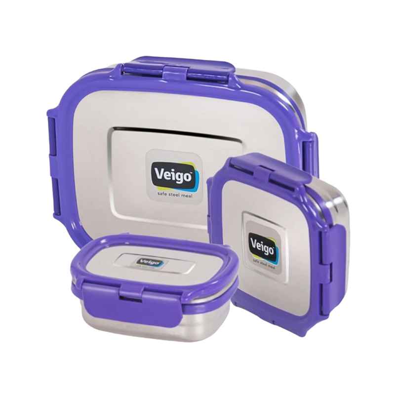 Veigo Celebration Set With Ready To Gift Package - Leak Proof Steel Tiffins (630+330+180 ml) Violet Veigo Celebration Set With Ready To Gift Package - Leak Proof Steel Tiffins (630+330+180 ml) Violet
