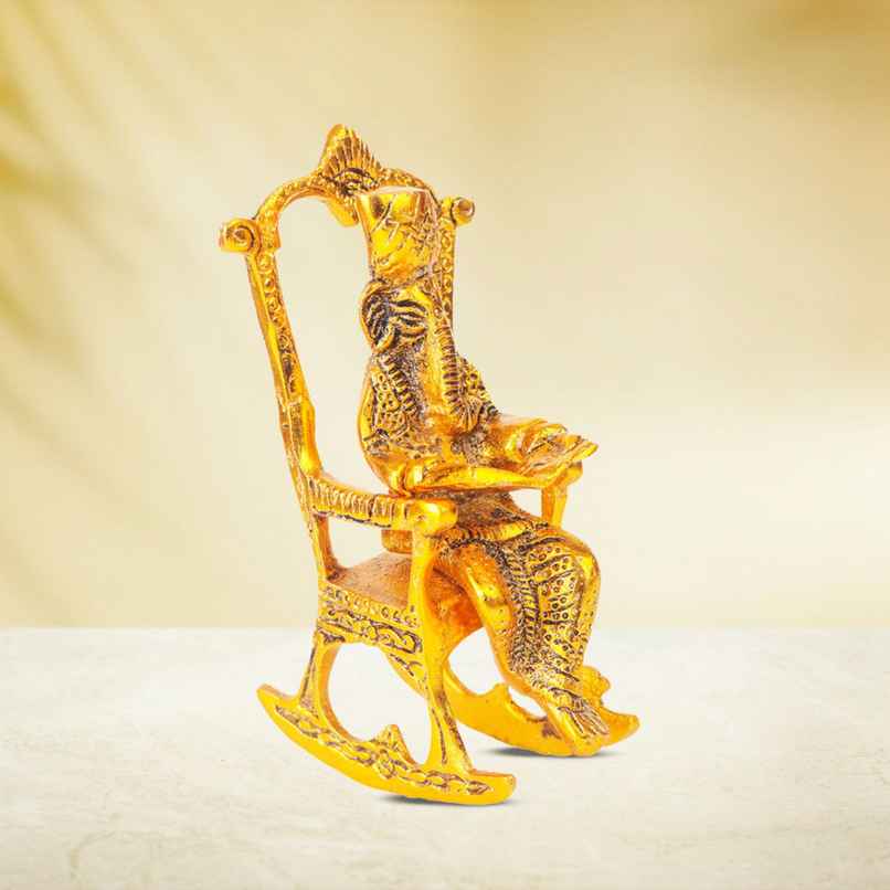 Ganesh Ji Idol Reading Scripture on Chair in Gold Polish | Devnidhi Ganesh Ji Idol Reading Scripture on Chair in Gold Polish | Devnidhi