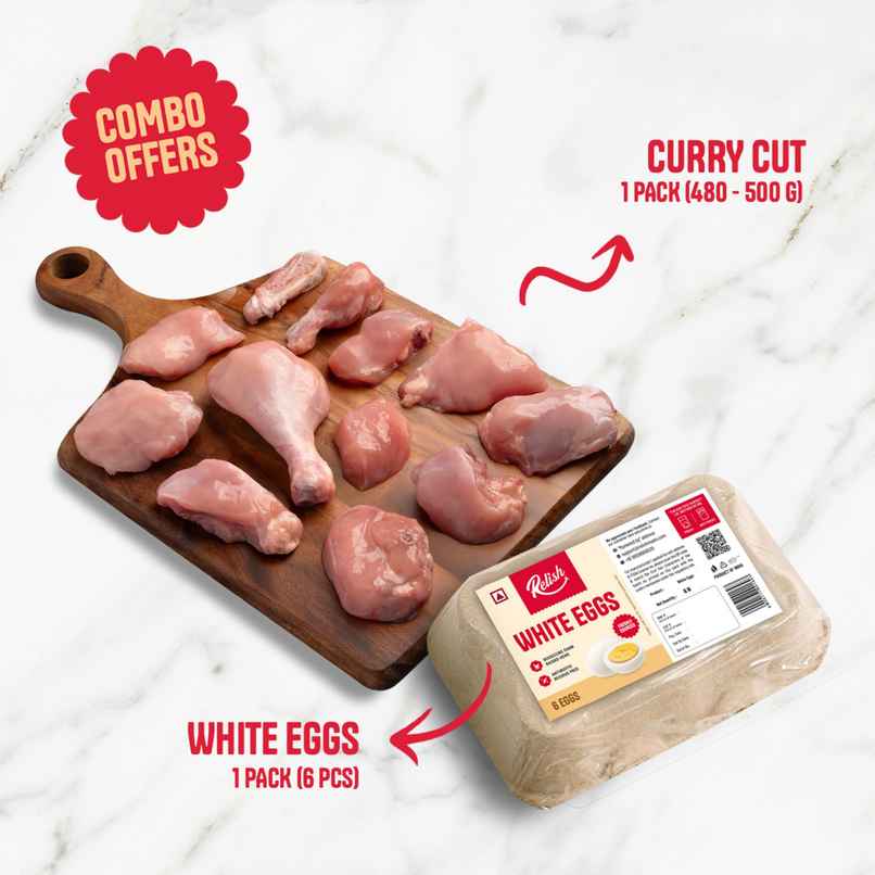 Relish Chicken Curry Cut Without Skin (500g) & Relish White Eggs - Pack Of 6 (6pc) Combo 