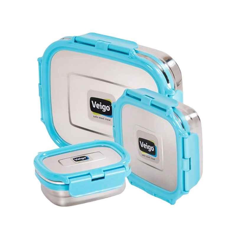 Veigo Ready to Gift Celebration Pack of 3 Leakproof Steel Lunchbox | 630+330+180 ml Aqua Blue Veigo Ready to Gift Celebration Pack of 3 Leakproof Steel Lunchbox | 630+330+180 ml Aqua Blue