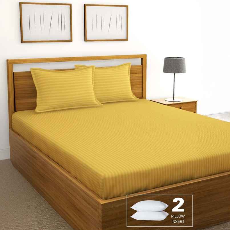Bianca Super Soft 100% Cotton Satin Stripe Double Bedsheet With 2 Pillow Covers | Hilton StripeGold