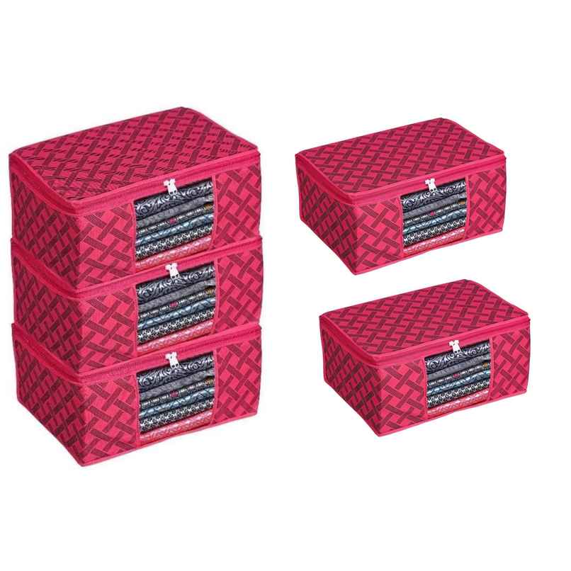 Perpetual Saree Organizer - Foldable Cover with Zip | Transparent Window | Red Checker | Pack of 5