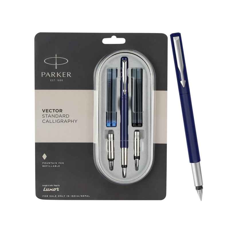 Parker Vector Standard Calligraphy Chrome Trim Fountain Pen Blue Body(Blue Ink) Parker Vector Standard Calligraphy Chrome Trim Fountain Pen Blue Body(Blue Ink)