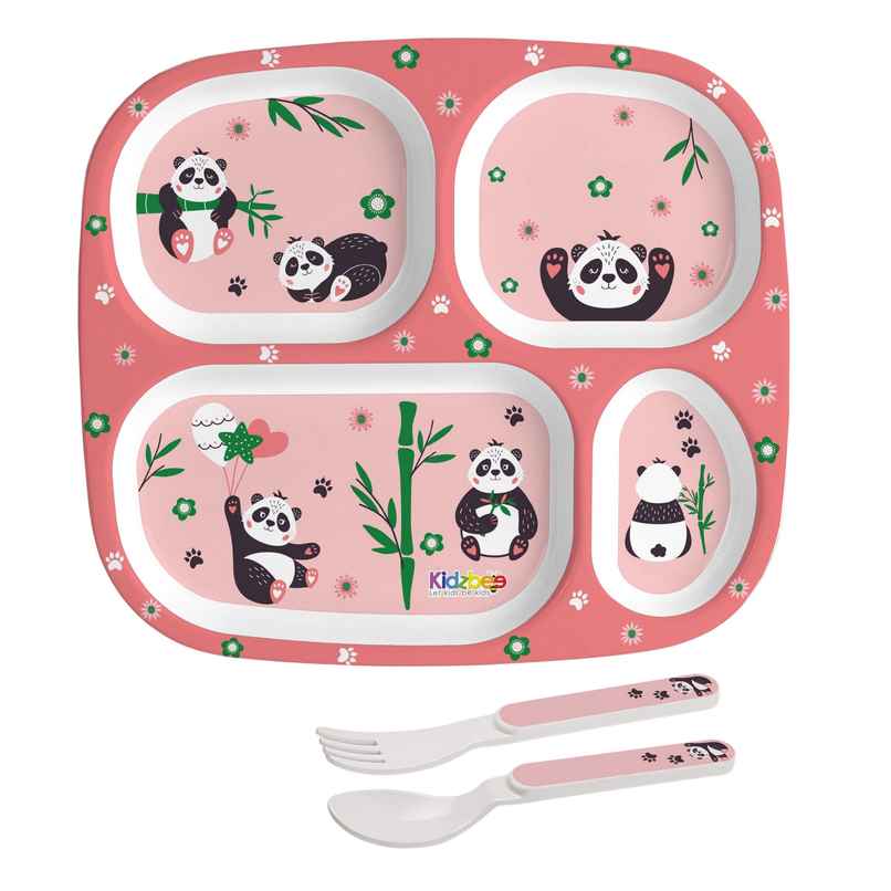 Cello Kidzbee Quadmeal Bamboo Buddies Melamine Meal Set for Kids | Set of 3, Peach