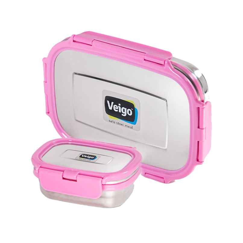 Veigo Jumbo - Stainless Steel Leak Proof Tiffin W/Veg Box(950+180 ml) For School,Office - Pink Veigo Jumbo - Stainless Steel Leak Proof Tiffin W/Veg Box(950+180 ml) For School,Office - Pink