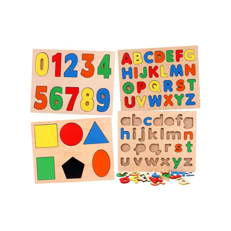 Toyshine Pack of 4 Wooden Puzzles for Toddlers | ABC, 123, Shapes